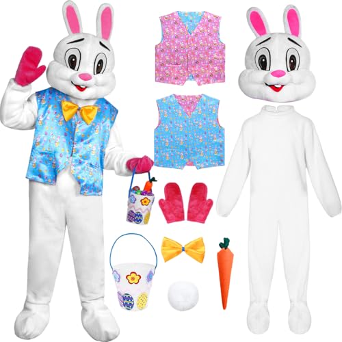 Antsparty Hasenkostüm für Erwachsene, 8-teiliges Deluxe-Osterhasen-Outfit mit wendbarer Weste, Schleifenkorb, Kaninchen-Einteiler, Anzug für Osterkostüm, Herren und Damen von Antsparty