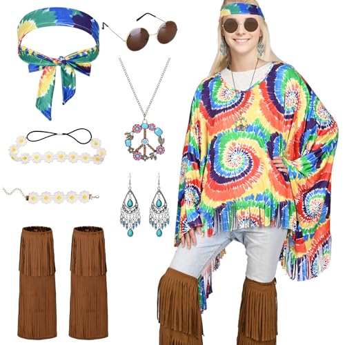 Antsparty Hippie Kostüm Damen, 8 Stück Hippie Poncho Set mit Halskette Ohrringe Stirnband, 60er 70er Jahre Hippie Kleidung Damen Faschingskostüme für Karneval Disco Party Antsparty Hippie Kostüm Damen, 8 Stück Hippie Poncho Set mit Halskette Ohrringe Stirnband, 60er 70er Jahre Hippie Kleidung Damen Faschingskostüme für Karneval Disco Party von Antsparty