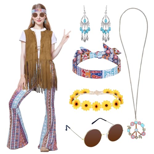 Antsparty Hippie Kostüm Damen Set,60er 70er Jahre Bekleidung Damen Mädchen Disco Outfit Braun Fransenweste Damen Hippie Bolero Karneval Faschingskostüme Disco (Denim, 2XL) von Antsparty