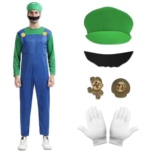 Antsparty Super Klempner Kostüm für Erwachsene, Bros Cosplay Kostüm mit Hut Bart Handschuhe, Herren Damen Klempner Kostüm Faschingskostüm für Karneval Halloween Cosplay Antsparty Super Klempner Kostüm für Erwachsene, Bros Cosplay Kostüm mit Hut Bart Handschuhe, Herren Damen Klempner Kostüm Faschingskostüm für Karneval Halloween Cosplay von Antsparty