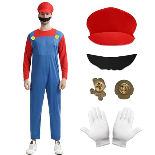 Antsparty Super Klempner Kostüm für Erwachsene, Bros Cosplay Kostüm mit Hut Bart Handschuhe, Herren Damen Klempner Kostüm Faschingskostüm für Karneval Halloween Cosplay Antsparty Super Klempner Kostüm für Erwachsene, Bros Cosplay Kostüm mit Hut Bart Handschuhe, Herren Damen Klempner Kostüm Faschingskostüm für Karneval Halloween Cosplay von Antsparty