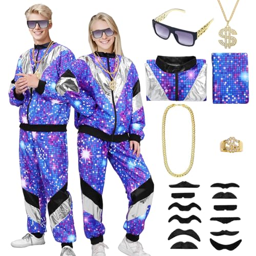 Antsparty Kostüm 80er Jahre Trainingsanzug Disco, 80er 90er Jahre Outfit Herren Damen Accessoires Retro Trainingsanzug für Retro Party, Bad Taste Party,Faschingskostüme (Sternenlicht, M) von Antsparty