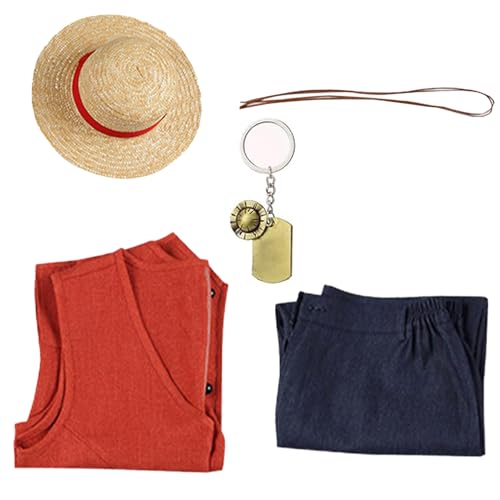 Antsparty Luffy Kostüm Herren Anime Cosplay Kostüm, Live-Action Luffy Kostüm mit Strohhut Schlüsselanhänger, Herren Halloween Karneval Party Costume von Antsparty