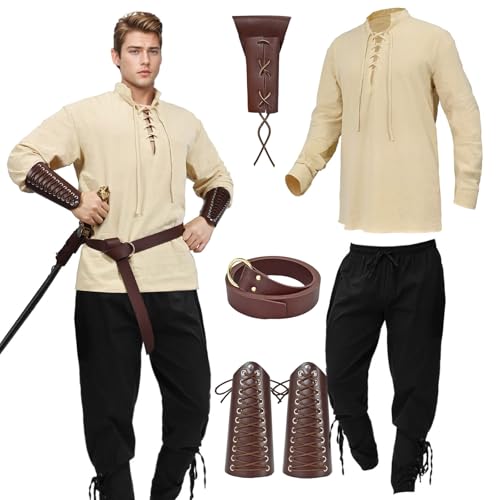 Antsparty Mittelalter Kleidung Herren Kostüm, Herren Leinenhemd+Mittelalter Hose mit Gürtel Handgelenkhalter, Herren Renaissance Mittelalter Vintage Kostüm für Karneval Halloween von Antsparty