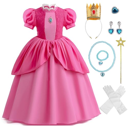 Antsparty Peach Kostüm Mädchen Prinzessin Kleid, Pfirsich Kleider Costume Set mit Krone Handschuhe Zauberstab, Kinder Peach Prinzessin Cosplay Kostüm fur Karneval von Antsparty