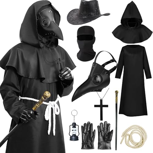 Antsparty Pestdoktor Kostüm Halloween Herren Plague Doctor Costume mit Maske Hut Kreuz-Halskette Zepter Handschuhe, Pestdoktor Kostüm für Halloween Karneval Antsparty Pestdoktor Kostüm Halloween Herren Plague Doctor Costume mit Maske Hut Kreuz-Halskette Zepter Handschuhe, Pestdoktor Kostüm für Halloween Karneval von Antsparty