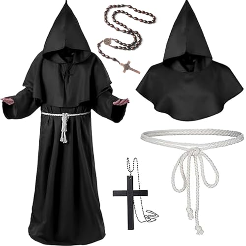 Antsparty Priester Robe Mönch Kostüm, Herren Priester Gewand mit Kapuze und Kreuz, Mittelalter Renaissance Mönchskutte Robe Für Halloween Karneval Party von Antsparty