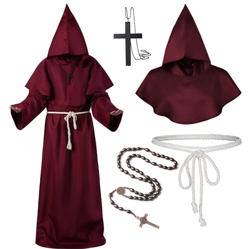 Antsparty Priester Robe Mönch Kostüm, Herren Priester Gewand mit Kapuze und Kreuz, Mittelalter Renaissance Mönchskutte Robe Für Halloween Karneval Party von Antsparty