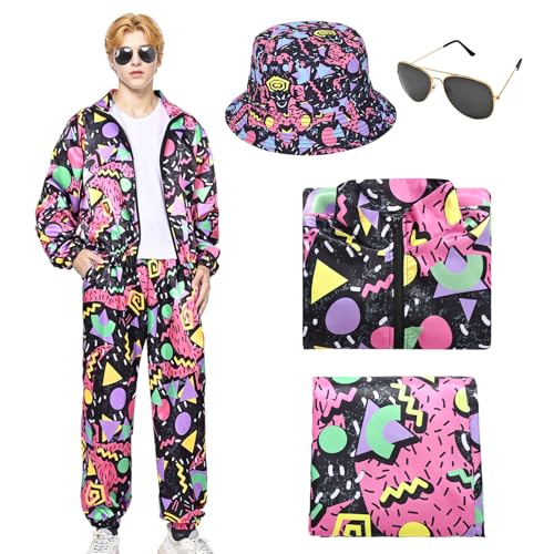 Antsparty Retro 80er 90er Jahre Outfit für Herren, 80er Jahre Verkleidung mit Sportbekleidung, Jacke, Hose, Hut und Brille, Vintage Strand Trainingsanzug für Motto Disco Party Kostüme Antsparty Retro 80er 90er Jahre Outfit für Herren, 80er Jahre Verkleidung mit Sportbekleidung, Jacke, Hose, Hut und Brille, Vintage Strand Trainingsanzug für Motto Disco Party Kostüme von Antsparty