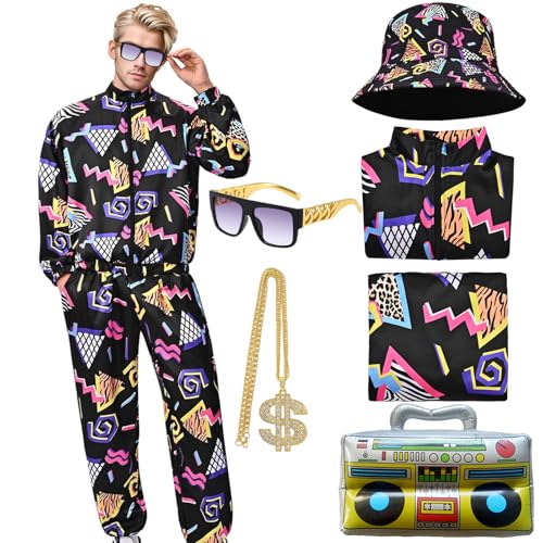 Antsparty Retro 80er 90er Jahre Outfit für Herren, 80er Jahre Verkleidung mit Sportbekleidung, Jacke, Hose, Hut und Brille, Vintage Strand Trainingsanzug für Motto Disco Party Kostüme Antsparty Retro 80er 90er Jahre Outfit für Herren, 80er Jahre Verkleidung mit Sportbekleidung, Jacke, Hose, Hut und Brille, Vintage Strand Trainingsanzug für Motto Disco Party Kostüme von Antsparty
