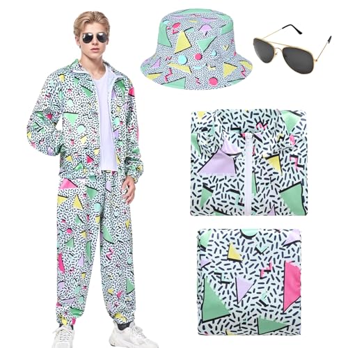 Antsparty Retro 80er 90er Jahre Outfit für Herren, 80er Jahre Verkleidung mit Sportbekleidung, Jacke, Hose, Hut und Brille, Vintage Strand Trainingsanzug für Motto Disco Party Kostüme Antsparty Retro 80er 90er Jahre Outfit für Herren, 80er Jahre Verkleidung mit Sportbekleidung, Jacke, Hose, Hut und Brille, Vintage Strand Trainingsanzug für Motto Disco Party Kostüme von Antsparty