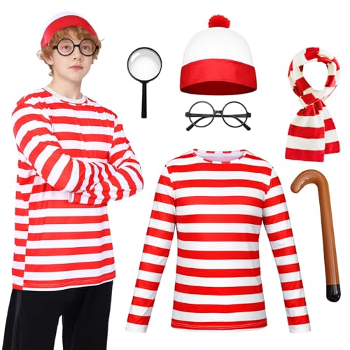 Antsparty Rot-weiß gestreiftes T-Shirt-Set für Erwachsene, 6-teiliges Wally-Kostüm, Cosplay mit T-Shirt, Socken, Beanie-Mütze, Brille, Halloween-Kostüme, Weltbuchtag-Outfit Antsparty Rot-weiß gestreiftes T-Shirt-Set für Erwachsene, 6-teiliges Wally-Kostüm, Cosplay mit T-Shirt, Socken, Beanie-Mütze, Brille, Halloween-Kostüme, Weltbuchtag-Outfit von Antsparty