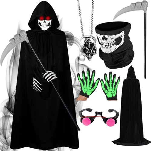 Antsparty Sensenmann Kostüm Kinder Halloween Kostüm Jungen Herren, Halloween Sensenmann Kostüm mit Teufel Umhang Sense Brille Maske, Sensenmann Umhang für Halloween Cosplay Antsparty Sensenmann Kostüm Kinder Halloween Kostüm Jungen Herren, Halloween Sensenmann Kostüm mit Teufel Umhang Sense Brille Maske, Sensenmann Umhang für Halloween Cosplay von Antsparty