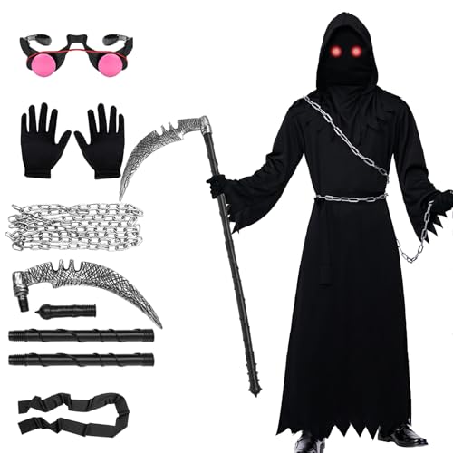 Antsparty Sensenmann Kostüm Kinder Jungen Halloween Kostüm mit Sensenmann Umhang Brille Sense Kette, Gruselig Sensenmann Halloween Kostüm für Jungen Herren von Antsparty