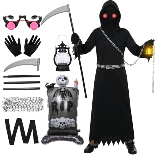 Antsparty Sensenmann Kostüm Kinder Jungen Halloween Kostüm mit Sensenmann Umhang Brille Sense Kette Luftballons, Gruselig Sensenmann Halloween Kostüm für Jungen Herren Antsparty Sensenmann Kostüm Kinder Jungen Halloween Kostüm mit Sensenmann Umhang Brille Sense Kette Luftballons, Gruselig Sensenmann Halloween Kostüm für Jungen Herren von Antsparty