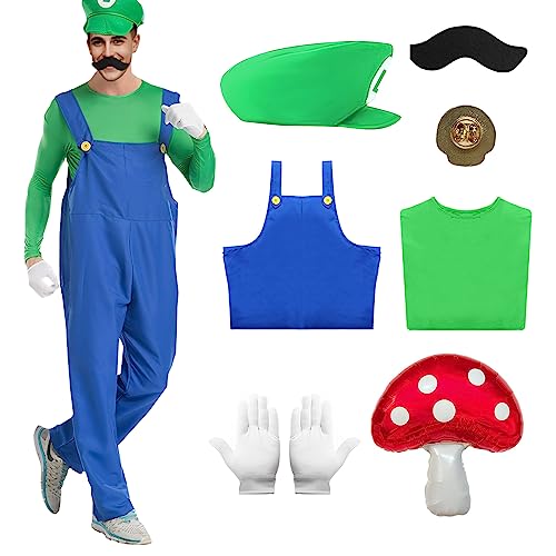 Antsparty Super Brüder Kostüm Herren Kinder, 7 Stück Klempner-Brüder Kostüm mit T-Shirt Hose Hut Handschuhe Bart Brosche, Super Brüder Kostüm für Karneval Halloween Cosplay von Antsparty