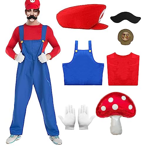 Antsparty Super Brüder Kostüm Herren Kinder, 7 Stück Klempner-Brüder Kostüm mit T-Shirt Hose Hut Handschuhe Bart Brosche, Super Brüder Kostüm für Karneval Halloween Cosplay von Antsparty