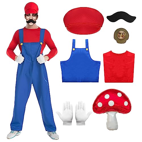 Antsparty Super Brüder Kostüm Herren Kinder, 7 Stück Klempner-Brüder Kostüm mit T-Shirt Hose Hut Handschuhe Bart Brosche, Super Brüder Kostüm für Karneval Halloween Cosplay von Antsparty