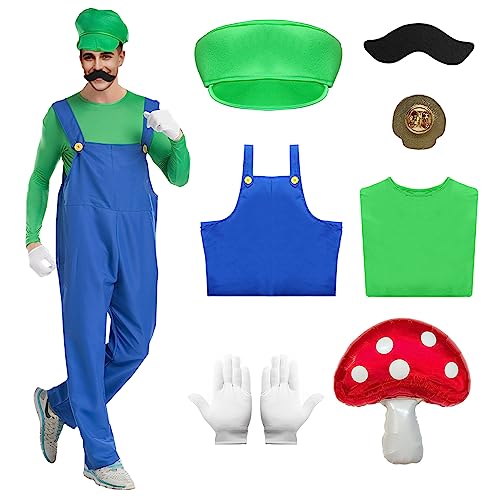 Antsparty Super Brüder Kostüm Herren Kinder, 7 Stück Klempner-Brüder Kostüm mit T-Shirt Hose Hut Handschuhe Bart Brosche, Super Brüder Kostüm für Karneval Halloween Cosplay Antsparty Super Brüder Kostüm Herren Kinder, 7 Stück Klempner-Brüder Kostüm mit T-Shirt Hose Hut Handschuhe Bart Brosche, Super Brüder Kostüm für Karneval Halloween Cosplay von Antsparty