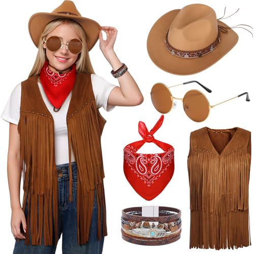 Antsparty Western Cowgirl Kostüm, Frauen 70er Jahre Verkleidung Set mit Fransen Weste Cowgirl Hut Sonnenbrille Rot Bandana Retro 70er Hippie Kostüm für Hippie Disco Party Antsparty Western Cowgirl Kostüm, Frauen 70er Jahre Verkleidung Set mit Fransen Weste Cowgirl Hut Sonnenbrille Rot Bandana Retro 70er Hippie Kostüm für Hippie Disco Party von Antsparty