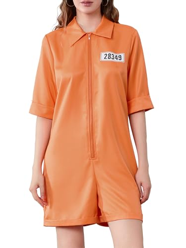 Anuedgis Damen Halloween Häftling Overall Orange Gefangener Overall Räuber Flucht Sträfling Kriminelle Uniform für Karneval Cosplay Party (B-Orange, XXL) von Anuedgis