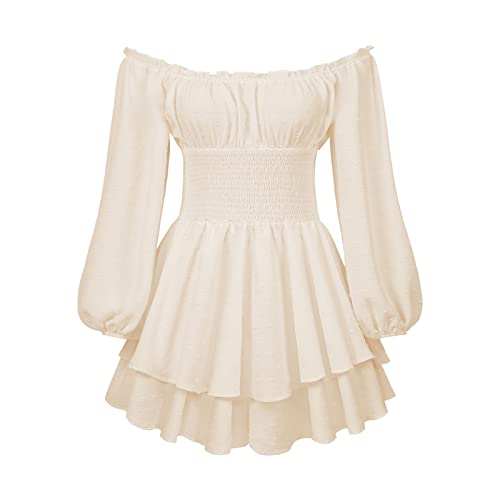 Anuedgis Damen Halloween Piraten Kostüm Boho Schulterfrei Langarm Strampler Kleid Flowy Rüschen Kurz Jumpsuit Fee Renaissance Kleid (A-Apricot, S) von Anuedgis