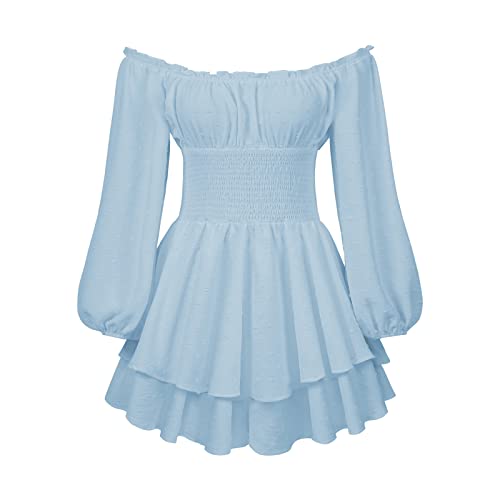 Anuedgis Damen Halloween Piraten Kostüm Boho Schulterfrei Langarm Strampler Kleid Flowy Rüschen Kurz Jumpsuit Fee Renaissance Kleid (A-Blue, S) von Anuedgis