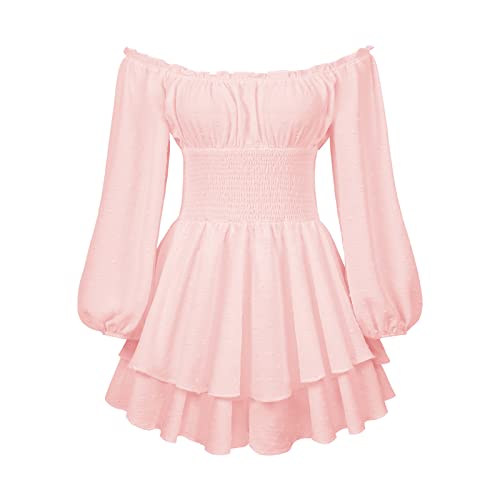 Anuedgis Damen Halloween Piraten Kostüm Boho Schulterfrei Langarm Strampler Kleid Flowy Rüschen Kurz Jumpsuit Fee Renaissance Kleid (A-Pink, XL) von Anuedgis