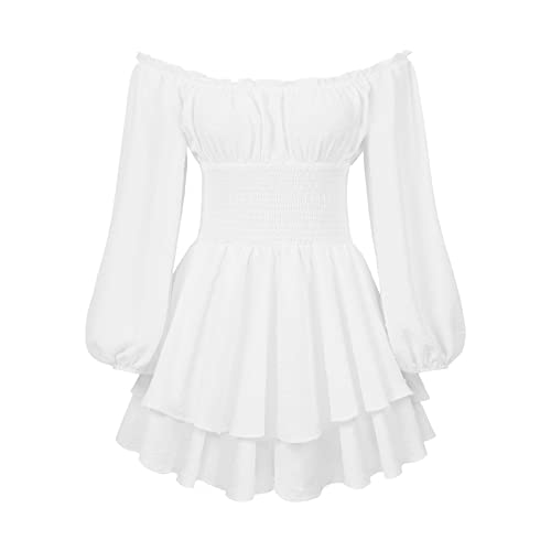 Anuedgis Damen Halloween Piraten Kostüm Boho Schulterfrei Langarm Strampler Kleid Flowy Rüschen Kurz Jumpsuit Fee Renaissance Kleid (A-Weiß, XL) von Anuedgis