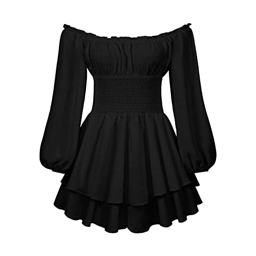 Anuedgis Damen Halloween Piraten Kostüm Boho Schulterfrei Langarm Strampler Kleid Flowy Rüschen Kurzer Jumpsuit Fee Renaissance Kleid (A-Schwarz, S) von Anuedgis