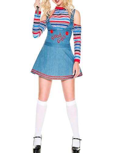 Anuedgis Gestreifter Pullover für Damen, Strapsrock, Haarseil, Anzug, Halloween, Cosplay, Kostüme, lange Ärmel, schulterfrei, Rundhalsausschnitt, lässig, Party, halbes Kleid (A-Blau, XL) von Anuedgis