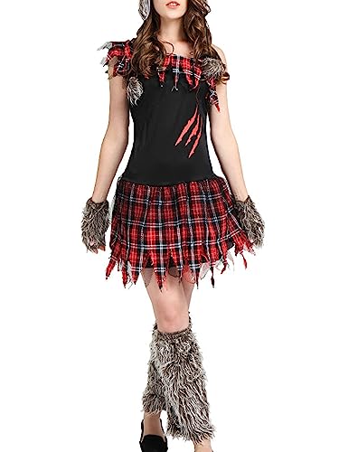 Anuedgis Halloween-Kostüm für Damen, Werwolf-Kostüm, kariert, Minikleid, Hut, Handschuhe, Beinstulpen, Vampir-Spieluniformen für Cosplay-Party (A-schwarz-rotes Karo, Einheitsgröße) von Anuedgis
