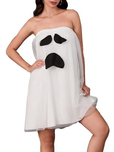 Anuedgis Halloween-Kostüm für Damen, niedlicher Geisterdruck, trägerlos, Mini-Babydoll-Kleid, locker, fließend, Karneval, Cosplay-Kleid (A-Weiß B, S) von Anuedgis