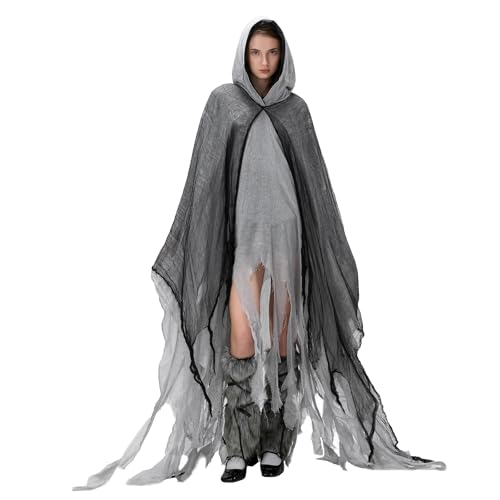 Anuedgis Halloween-Kostüm für Erwachsene, Gothic, mit Kapuze, Mittelalter-Renaissance, zerrissener Zauberer-Umhang, Horror, Sensenmann, Kostüm für Cosplay-Party (A-Grau, Einheitsgröße) von Anuedgis