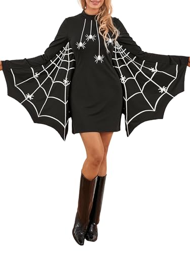 Anuedgis Halloween-Spinnenkostüm für Damen, Gothic-Spinnennetz-Druck, langärmelig, figurbetontes Minikleid, lustiges Karneval, Cosplay, Poncho-Kostüm (A-Schwarz, XL) von Anuedgis