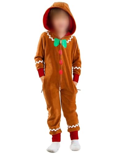 Anuedgis Lebkuchenmann-Kostüm für Erwachsene, lustig, langärmelig, mit Kapuze, einteiliger Overall für Weihnachten, Cosplay, Mottoparty, (A-Brown Kids, 13–14 Jahre) von Anuedgis