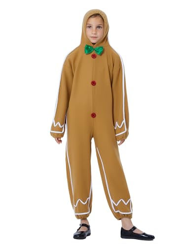 Anuedgis Lebkuchenmann-Kostüm für Erwachsene, lustig, langärmelig, mit Kapuze, einteiliger Overall für Weihnachten, Cosplay, Mottoparty, (B-Gelb, Kinder, 3–4 Jahre) von Anuedgis