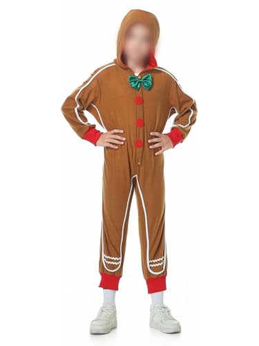 Anuedgis Lebkuchenmann-Kostüm für Erwachsene, lustig, langärmelig, mit Kapuze, einteiliger Overall für Weihnachten, Cosplay, Mottoparty, D-Braun, Kinder, 9–10 Jahre von Anuedgis