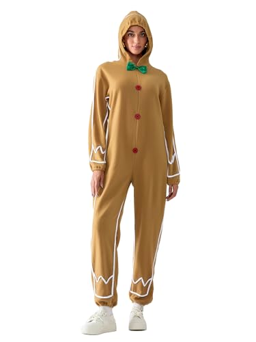 Anuedgis Lebkuchenmann-Kostüm für Erwachsene, lustig, langärmelig, mit Kapuze, einteiliger Overall für Weihnachten, Cosplay, Mottoparty (B-Gelb Damen, M) von Anuedgis