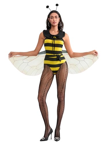Bienenkostüm für Damen, ärmellos, rückenfrei, gestreift, Body mit Kragen und Flügeln, Set für Cosplay-Mottoparty (A-Gelb, S) von Anuedgis