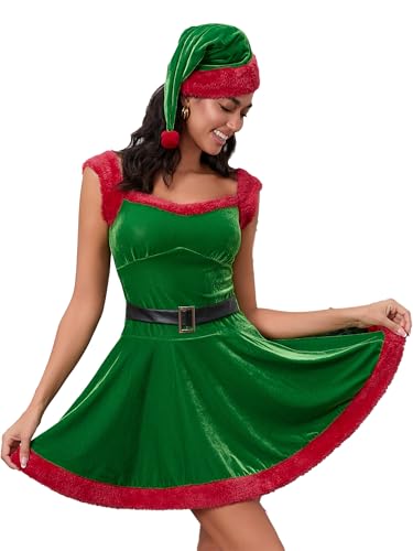 Damen Frau Claus Kostüm Xmas Ärmellos Samt Tunika Minikleid mit Nikolausmütze Weihnachten Verkleidung für Party (A-Grün, L) von Anuedgis