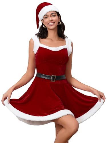Damen Frau Claus Kostüm Xmas Ärmellos Samt Tunika Minikleid mit Nikolausmütze Weihnachten Verkleidung für Party (A-Red, XL) von Anuedgis