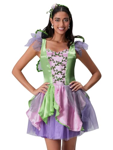 Damen Halloween Blumenfeenkostüme Ausgefallenes ärmelloses Tutu-Kleid Flügel und Stirnband Sets Märchenprinzessin Cosplay Outfits (A-Violett, Einheitsgröße) von Anuedgis