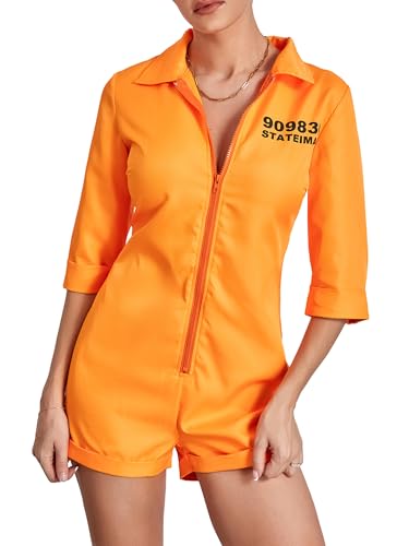 Damen Halloween Gefangener Overall Orange Gefangener Overall Räuber Flucht Sträfling Kriminelle Uniform für Karneval Cosplay Party (A-Orange, XL) von Anuedgis