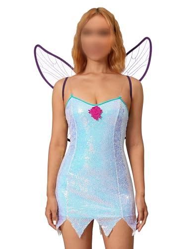 Damen Halloween Waldfee Kostüme Funkelndes Ärmelloses Minikleid mit Feenflügeln Märchen Prinzessin Cosplay Verkleidung (E-Blue, M) von Anuedgis