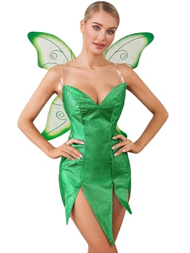 Damen Halloween Waldfee Kostüme Funkelndes ärmelloses Minikleid mit Feenflügeln Märchen Prinzessin Cosplay Verkleidung (B-Green, XL) von Anuedgis