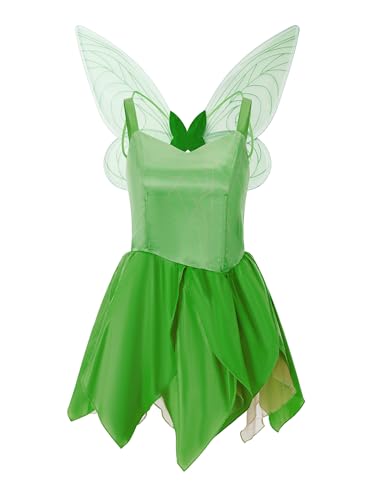 Damen Halloween Waldfee Kostüme Funkelndes ärmelloses Minikleid mit Feenflügeln Märchen Prinzessin Cosplay Verkleidung (G-Grün, L) von Anuedgis