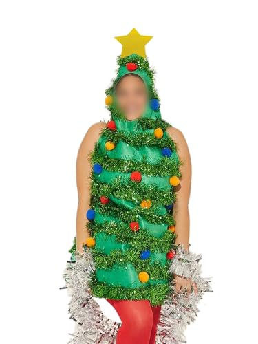 Damen Weihnachtsbaum Kostüm Niedlich Ärmellos Plüsch Ball Lametta Patchwork Kapuzen Minikleid Lustige Xmas Verkleidung (A-Grün, Einheitsgröße) von Anuedgis