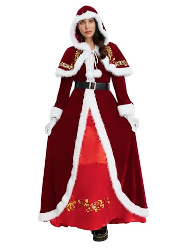 Damen Weihnachtskleid Hohe Taille Plüsch Slim Fit Midi und Umhang Hut Schwarzer Bund Weiße Handschuhe Sets Mrs Claus Santa Kostüm Outfits (A-Red, M) von Anuedgis