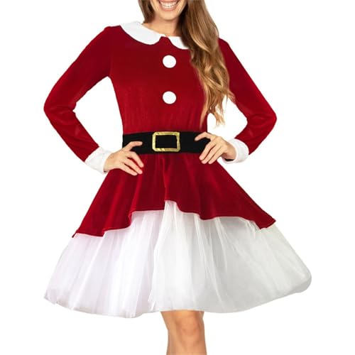 Damenkostüm Frau Claus Samt Langarm Tüllsaum Babydoll A-Linie Kleid für Xmas Cosplay Verkleidung (A-Red, XL) von Anuedgis